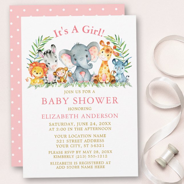 Invitation Aquarelle Safari Animaux Baby shower rose or (Customize to change text color, size or text style.)