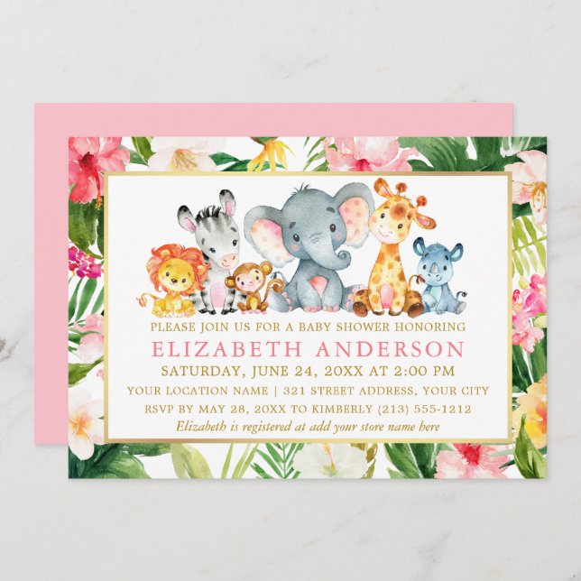 Invitation Aquarelle Safari Animaux Baby shower tropical (Devant / Derrière)