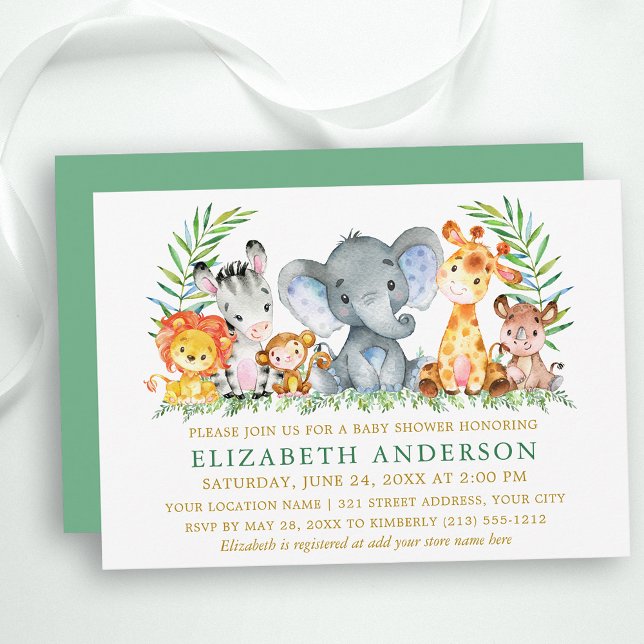 Invitation Aquarelle Safari Animaux Baby shower Vert Or (Customize to change text color, size, text style or change color of back of card.)