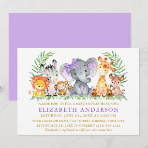 Invitation Aquarelle Safari Animaux Baby shower Violet Bow