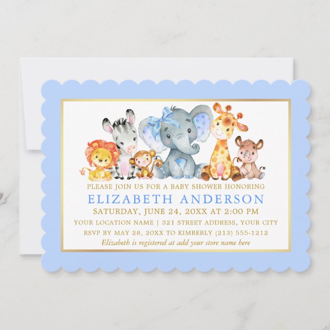 Invitation Aquarelle Safari Animaux Blue Bow Baby shower (Devant)