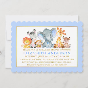 Invitation Aquarelle Safari Animaux Blue Gold Baby shower