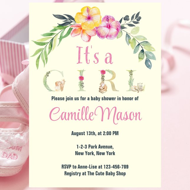 Invitation Aquarelle Safari Animaux C'est un Baby shower de f (It's a girl Floral and Animal Customizable Baby Shower Invitation Card.)