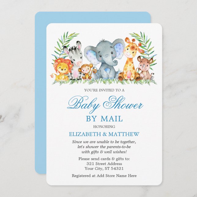 Invitation Aquarelle Safari Animaux Douche bleue par la poste (Devant / Derrière)