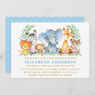 Invitation Aquarelle Safari Animaux Douche Bow Dots Bleus