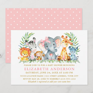 Invitation Aquarelle Safari Animaux Douche Pois Rose