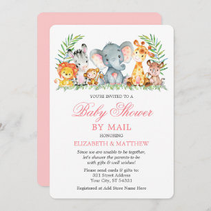 Invitation Aquarelle Safari Animaux Douche rose par la poste