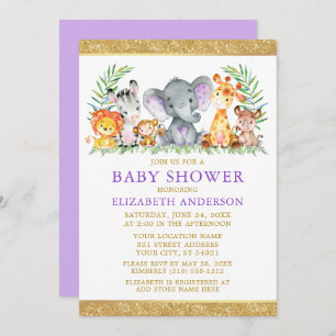 Invitation Aquarelle Safari Animaux Douche Violet Parties sci