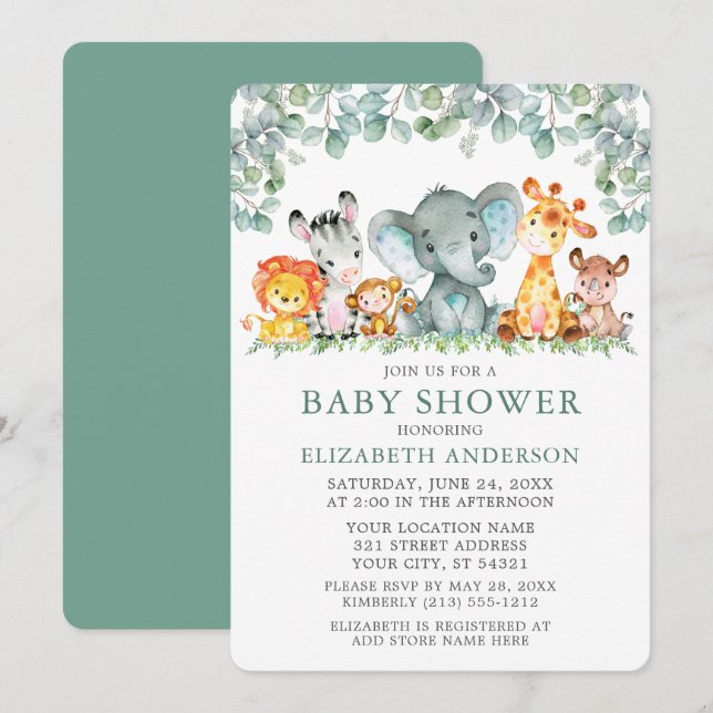 Invitation Aquarelle Safari Animaux Eucalyptus Baby shower (Devant / Derrière)