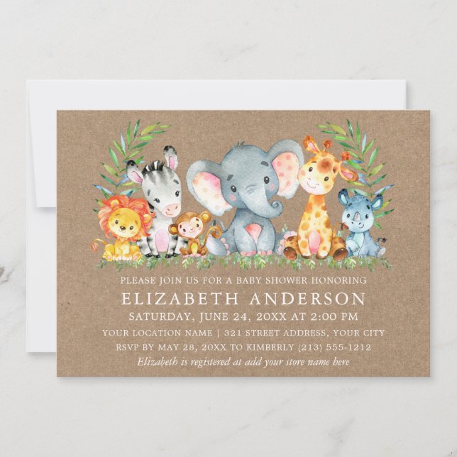 Invitation Aquarelle Safari Animaux Fille Baby shower Kraft (Devant)
