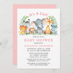 Invitation Aquarelle Safari Animaux Fille Baby shower rose