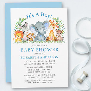 Invitation Aquarelle Safari Animaux Garçon Baby shower bleu