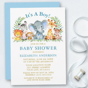 Invitation Aquarelle Safari Animaux Garçon Baby shower Or