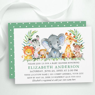 Invitation Aquarelle Safari Animaux Green Dots Baby shower