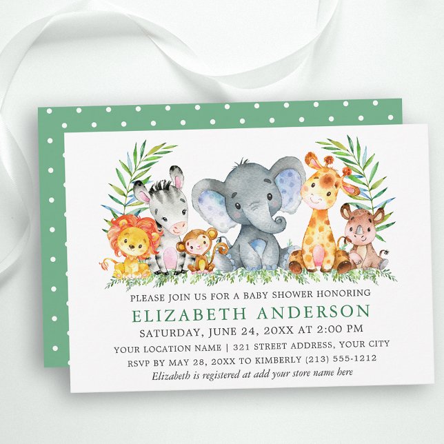 Invitation Aquarelle Safari Animaux Green Dots Baby shower (Customize to change text color, size or text style.)
