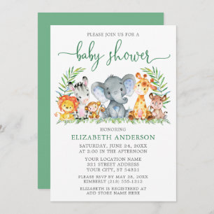 Invitation Aquarelle Safari Animaux Green Script Baby shower