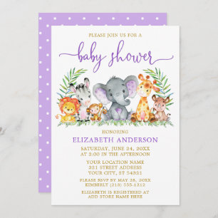 Invitation Aquarelle Safari Animaux Purple Baby shower Or