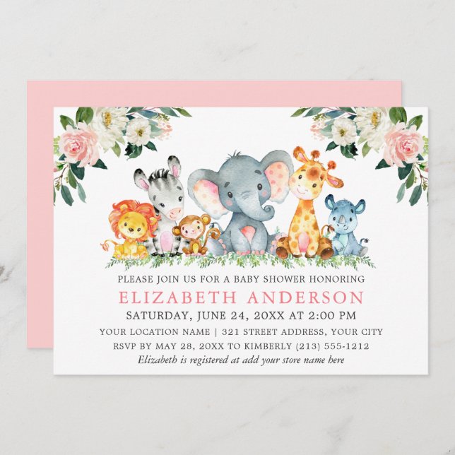 Invitation Aquarelle Safari Animaux Rose Blanc Floral Douche (Devant / Derrière)