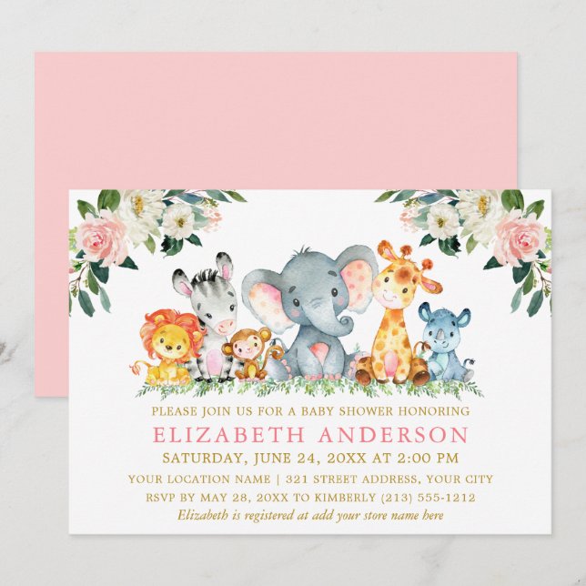Invitation Aquarelle Safari Animaux Rose Floral Or Douche (Devant / Derrière)