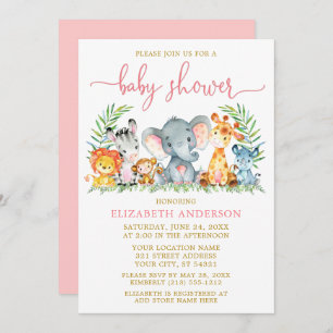 Invitation Aquarelle Safari Animaux Rose Script Douche Or