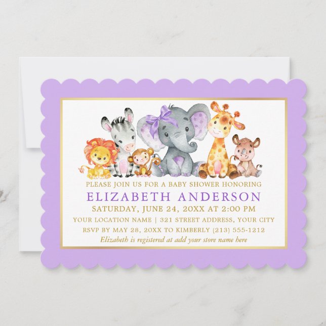 Invitation Aquarelle Safari Animaux Violet Baby shower Bow (Devant)