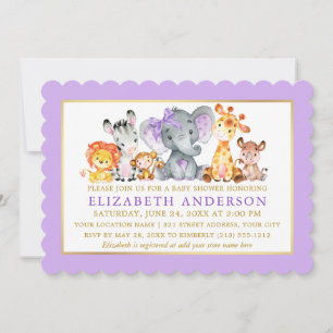 Invitation Aquarelle Safari Animaux Violet Baby shower Bow