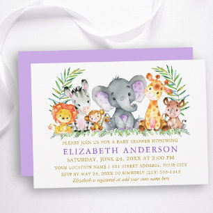 Invitation Aquarelle Safari Animaux Violet Baby shower Or