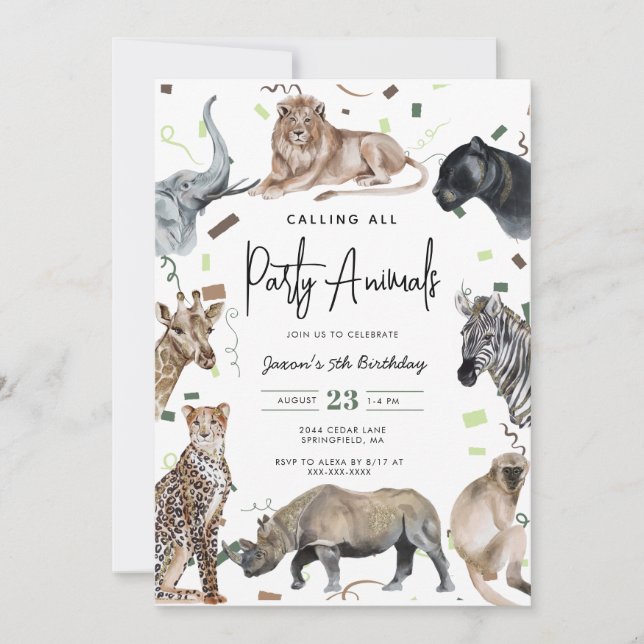 Invitation Aquarelle Safari Appelant Tous Les Animaux Anniver (Devant)