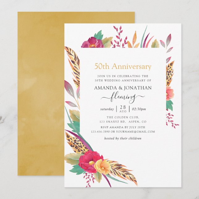 Invitation Aquarelle Safari Floral 50e Anniversaire de Mariag (Devant / Derrière)