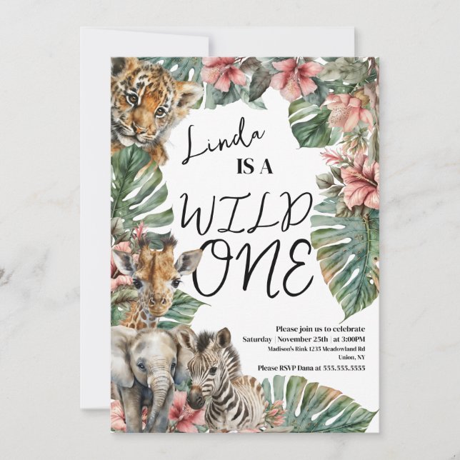 Invitation Aquarelle Safari Wild One Baby Animals Anniversair (Devant)