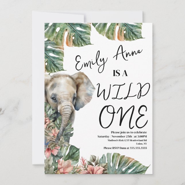 Invitation Aquarelle Safari Wild One Baby Elephant Anniversai (Devant)