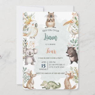 Invitation Aquarelle Sage Vert Animaux australiens Anniversai