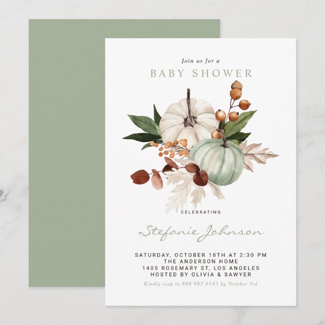 Invitation Aquarelle Sage Vert Citrouilles Automne Baby showe (Devant / Derrière)