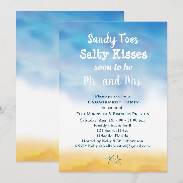 Invitation Aquarelle Sandy Toes Engagement Partie ciel & sabl (Devant / Derrière)