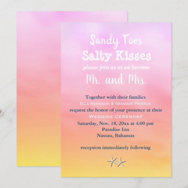 Invitation Aquarelle Sandy Toes Mariage Inviter coucher du so (Devant / Derrière)