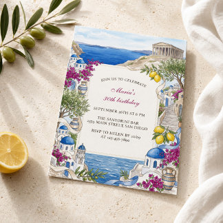 Invitation Aquarelle Santorin Grèce Méditerranée Anniversaire