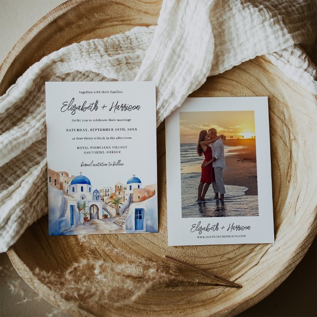 Invitation Aquarelle Santorini Grèce photo Mariage (Watercolor Santorini Greece Wedding Photo Invitation)