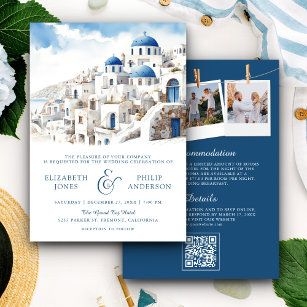 Invitation Aquarelle Santorini Grèce QR Code Mariage
