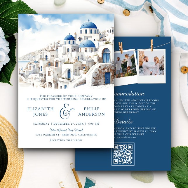 Invitation Aquarelle Santorini Grèce QR Code Mariage (Créateur téléchargé)
