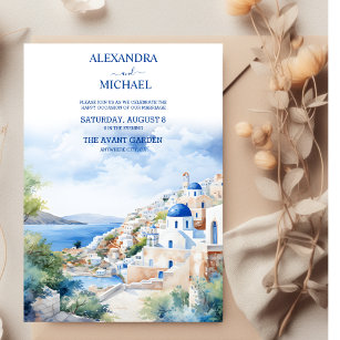 Invitation Aquarelle Santorini Grèce Skyline Mariage