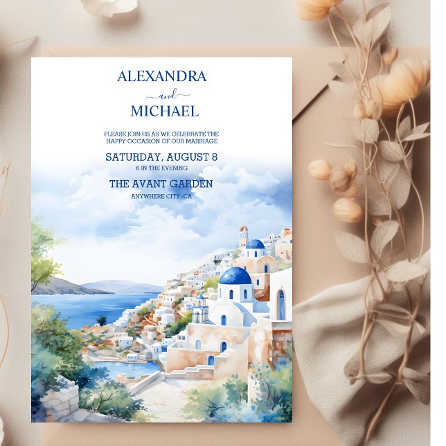 Invitation Aquarelle Santorini Grèce Skyline Mariage (Créateur téléchargé)