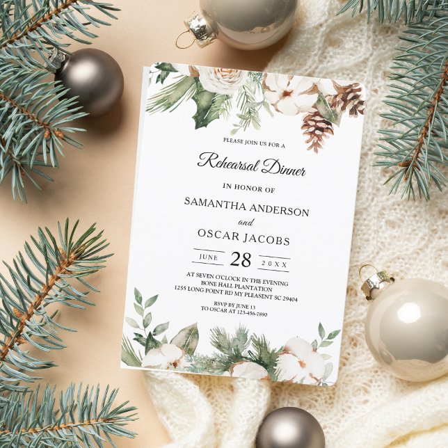 Invitation Aquarelle Sapin Vert d'Hiver & Fleurs Blanches (Créateur téléchargé)