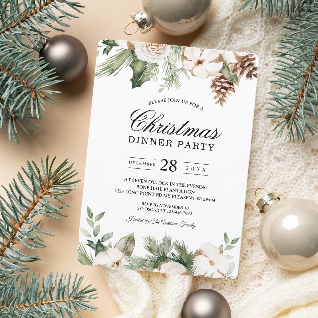 Invitation Aquarelle Sapin Vert d'Hiver & Fleurs Blanches (Créateur téléchargé)