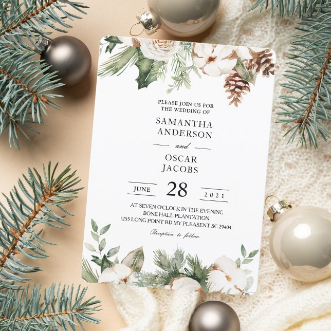 Invitation Aquarelle Sapin Vert d'Hiver & Fleurs Blanches (Créateur téléchargé)