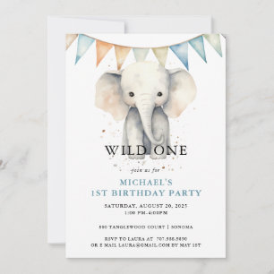Invitation Aquarelle Sauvage Un Éléphant Bleu 1er anniversair
