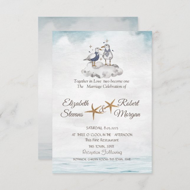 Invitation Aquarelle Seagulls In Love Beach Wedding (Devant / Derrière)