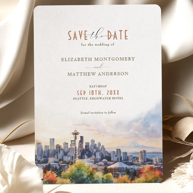 Invitation Aquarelle Seattle Skyline Enregistrer la date Mari (Créateur téléchargé)