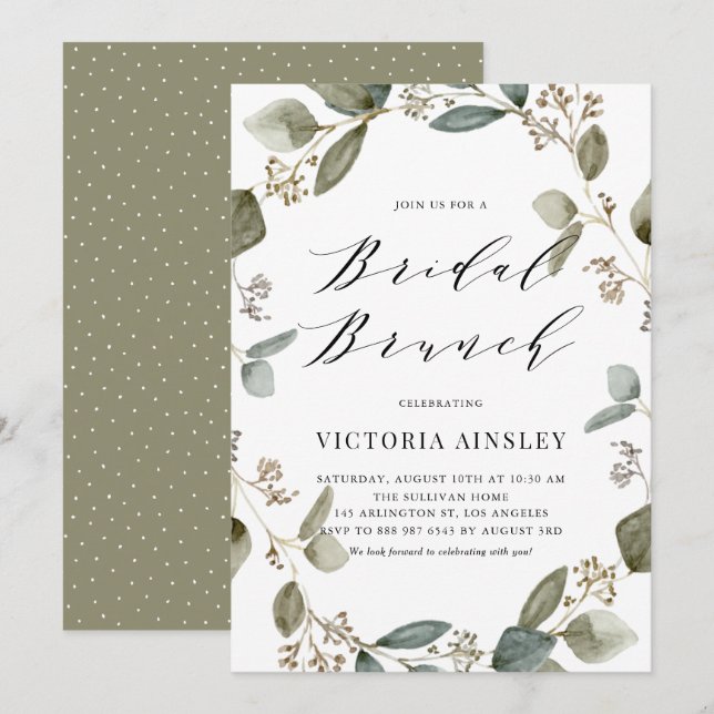 Invitation Aquarelle semée Eucalyptus Wreath Bridal Brunch (Devant / Derrière)