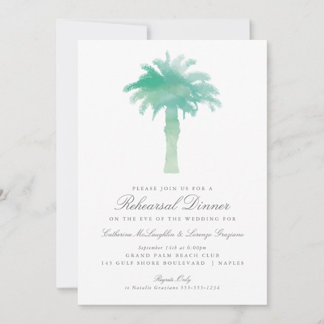 Invitation Aquarelle Serene Palm Tree | Répétition Mariage (Devant)