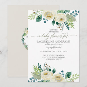 Invitation Aquarelle Sexe Baby shower neutre Blanc Floral